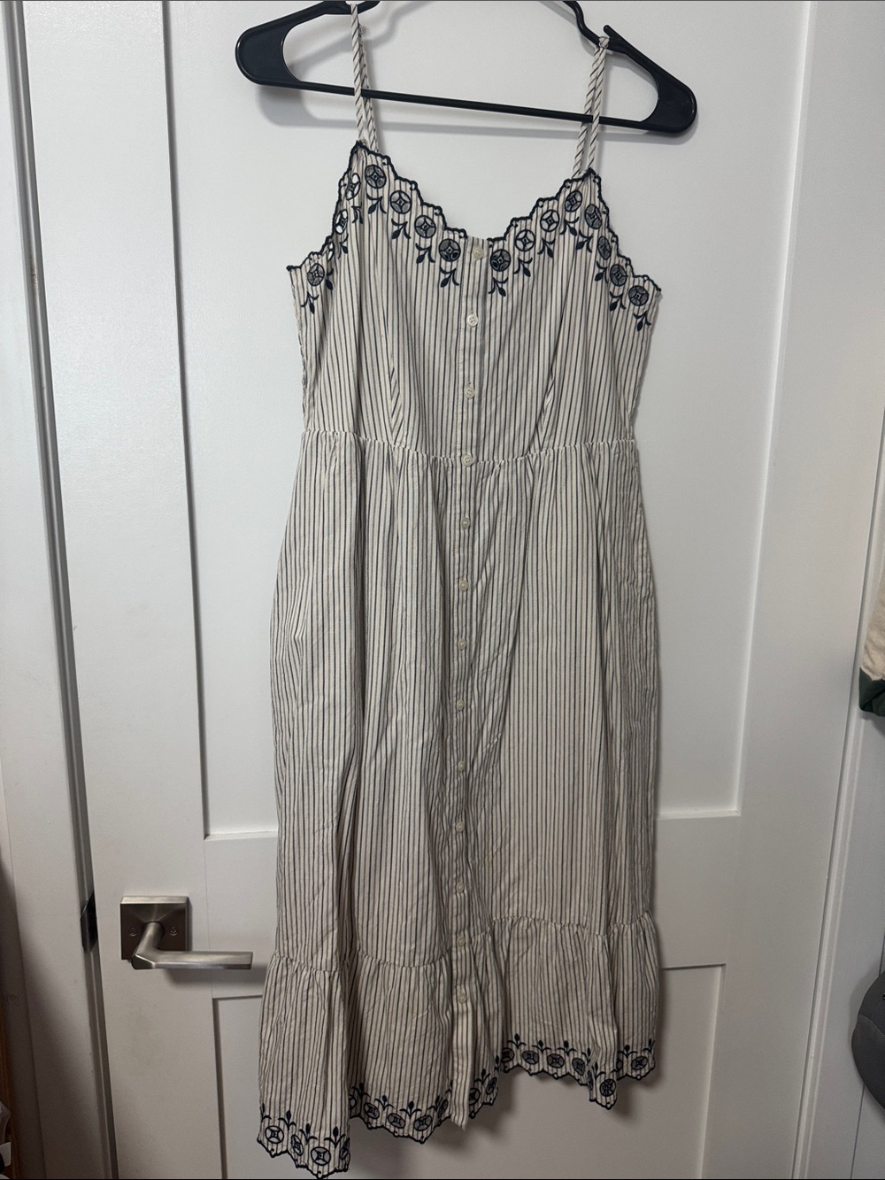 Striped White/Cream Sundress with Navy Embroidery